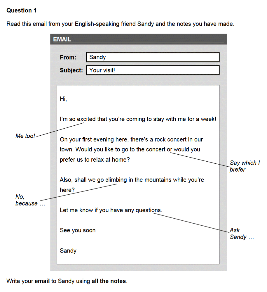 example Writing Part 1 question from B1 Preliminary