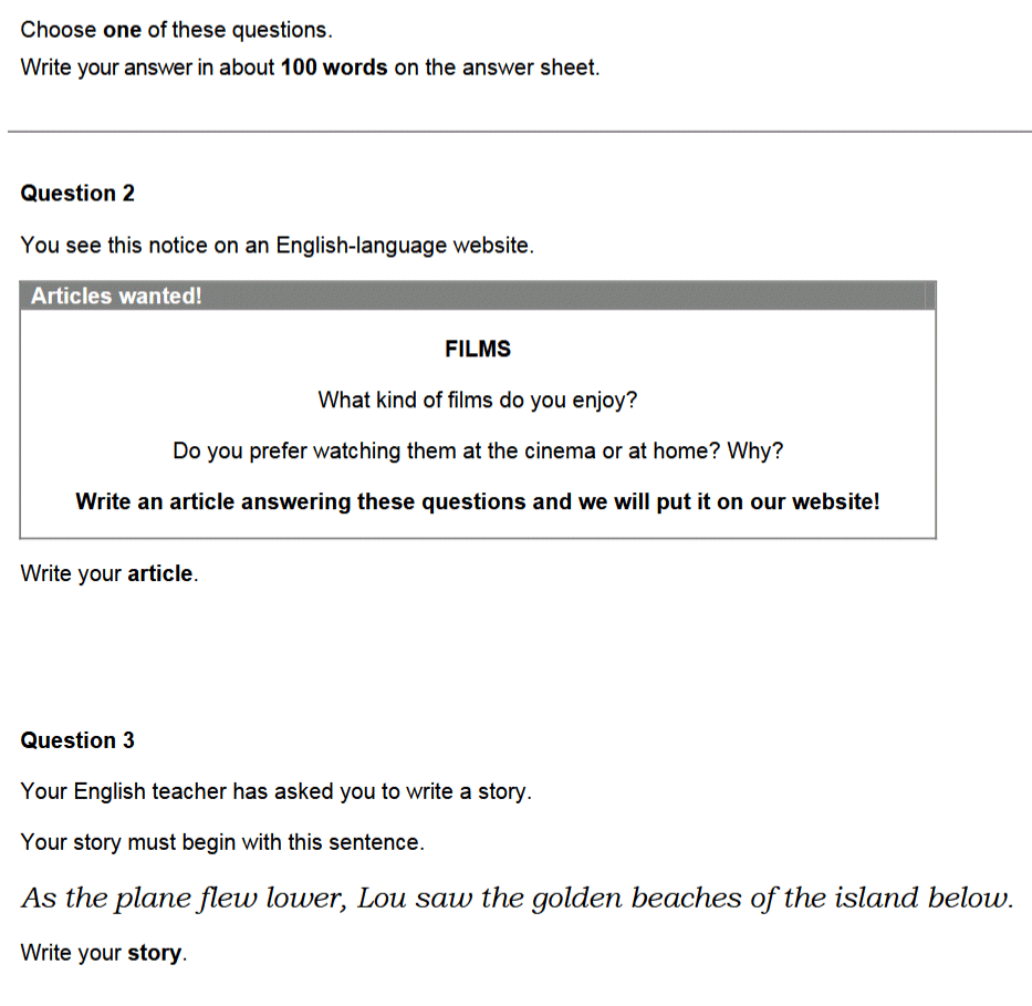 example Writing Part 2 question from B1 Preliminary